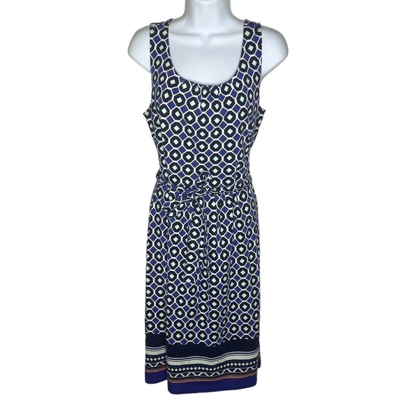 Talbots  A-Line Dress Women's Size M Stretch Knit Belted Geo Print Navy Purple - Picture 1 of 8